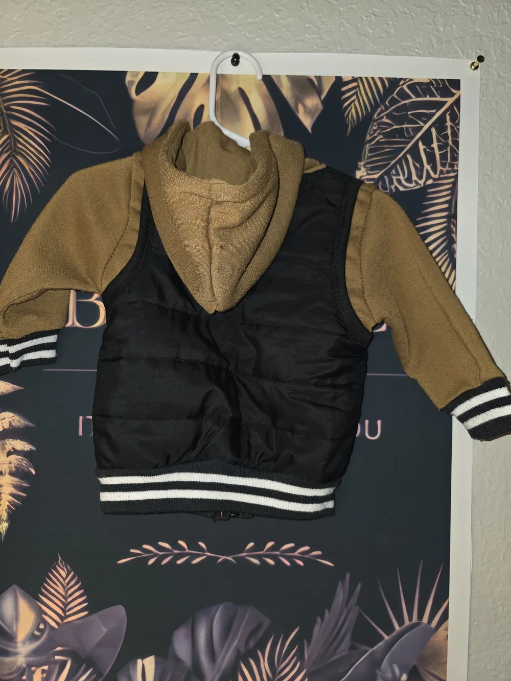 Kenneth Cole Kids Black Puffer Vest Hoodie with Camel Sleeves